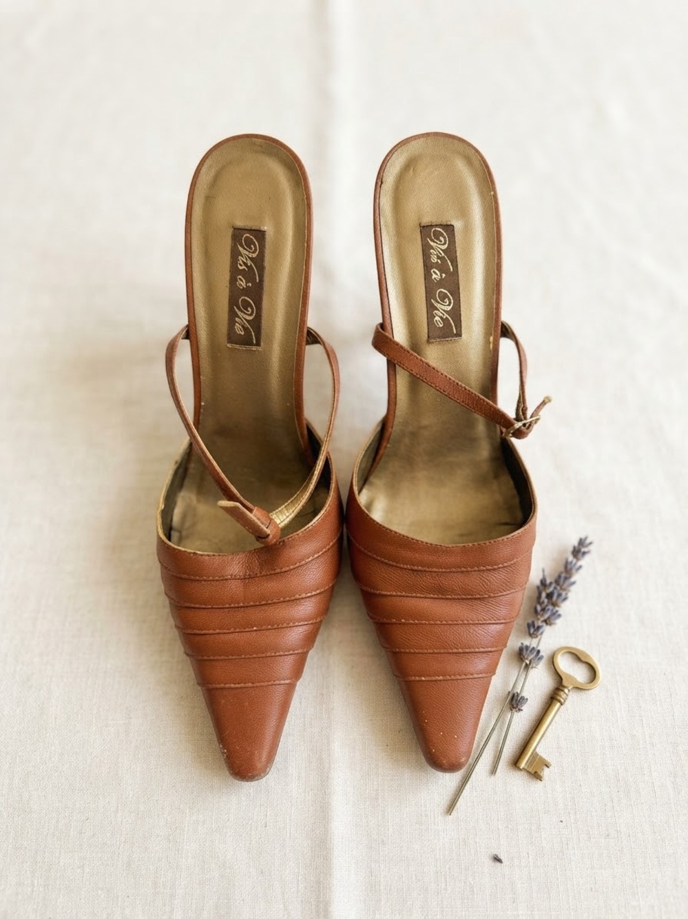 Vintage Vis à Vie Tan Brown Leather Slingback Pointed Toe Heels Sz 7.5 M